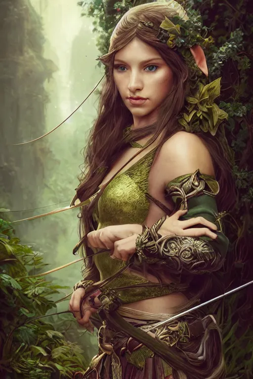 Prompt: a beautiful young woman, an elf ranger with bow and arrow, long flowing hair with hood, mostly green and brown leather pirate armor, young female face, vine like plants and jungle background, cinematic top lighting, insanely detailed and intricate, face by wlop, Charlie Bowater, golden ratio, symmetric, elegant, ornate, luxury, elite, matte painting, MTG, magic the gatheing, cinematic, cgsociety, 8k, high resolution