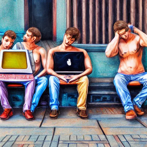 Image similar to a group of realistic bums using laptops near on street, highly detailed, intricate, sharp focus, digital art, 8 k