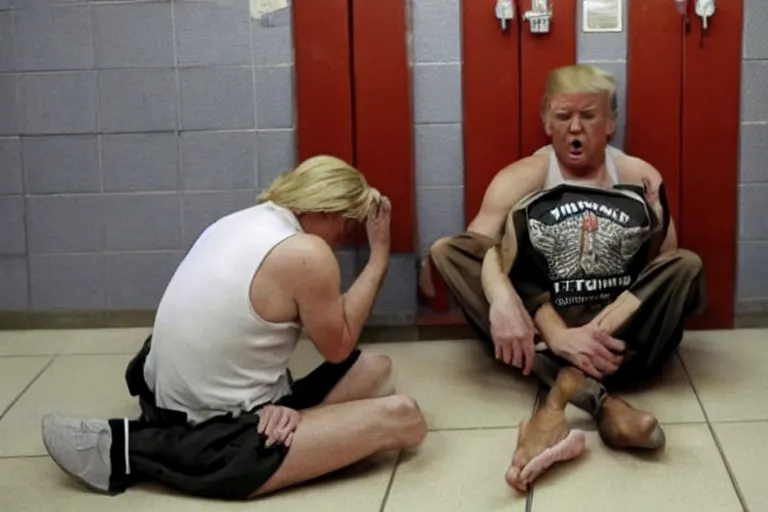 Image similar to Donald Trump in tanktop and sweat pants crying in jail cell, a reuters photo