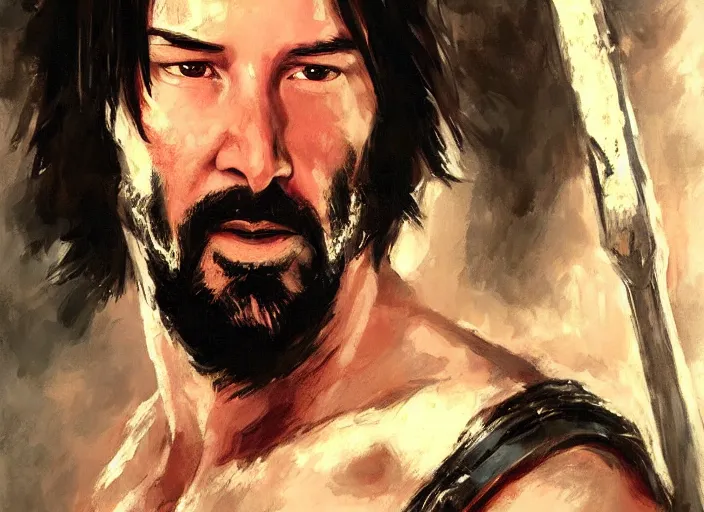 Image similar to a highly detailed beautiful portrait of keanu reeves as kratos, by gregory manchess, james gurney, james jean