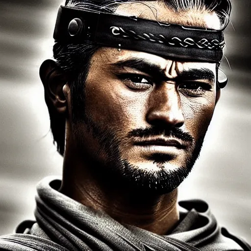 Image similar to handsome and strong! kurdish! samurai in a movie directed by christopher nolan, movie still frame, promotional image, imax 7 0 mm footage, perfect symmetrical facial features