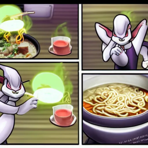 Prompt: Mewtwo cooking ramen, in the style of TC-96