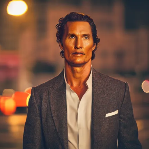 Prompt: a still of matthew mcconaughey . Shallow depth of field. City at night in background, lights, colors ,studio lighting, mood, 4K. Profession photography