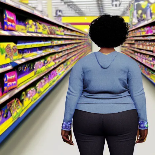 Image similar to high quality still of black bbw woman in wal-mart, 3d, in the style of pixar, comic book style, from behind, highly detailed, 16k resolution, octane renderer, coherent