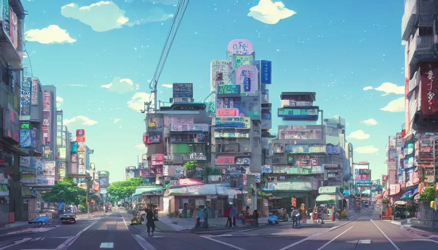 Image similar to A highly detailed matte painting of a suburban tokyo street with a bright shimmering sky by Studio Ghibli, Mokoto Shinkai, by Artgerm, by beeple, volumetric lighting, octane render, 4K resolution, trending on artstation, vivid colours