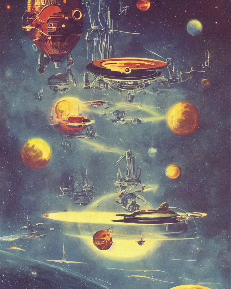 Prompt: vintage scifi book cover, 6 0 s, by chris foss, bruce pennington, richard powers, cosmic, alien planet, a single lonely massive spaceship, gross alien, retro futurism