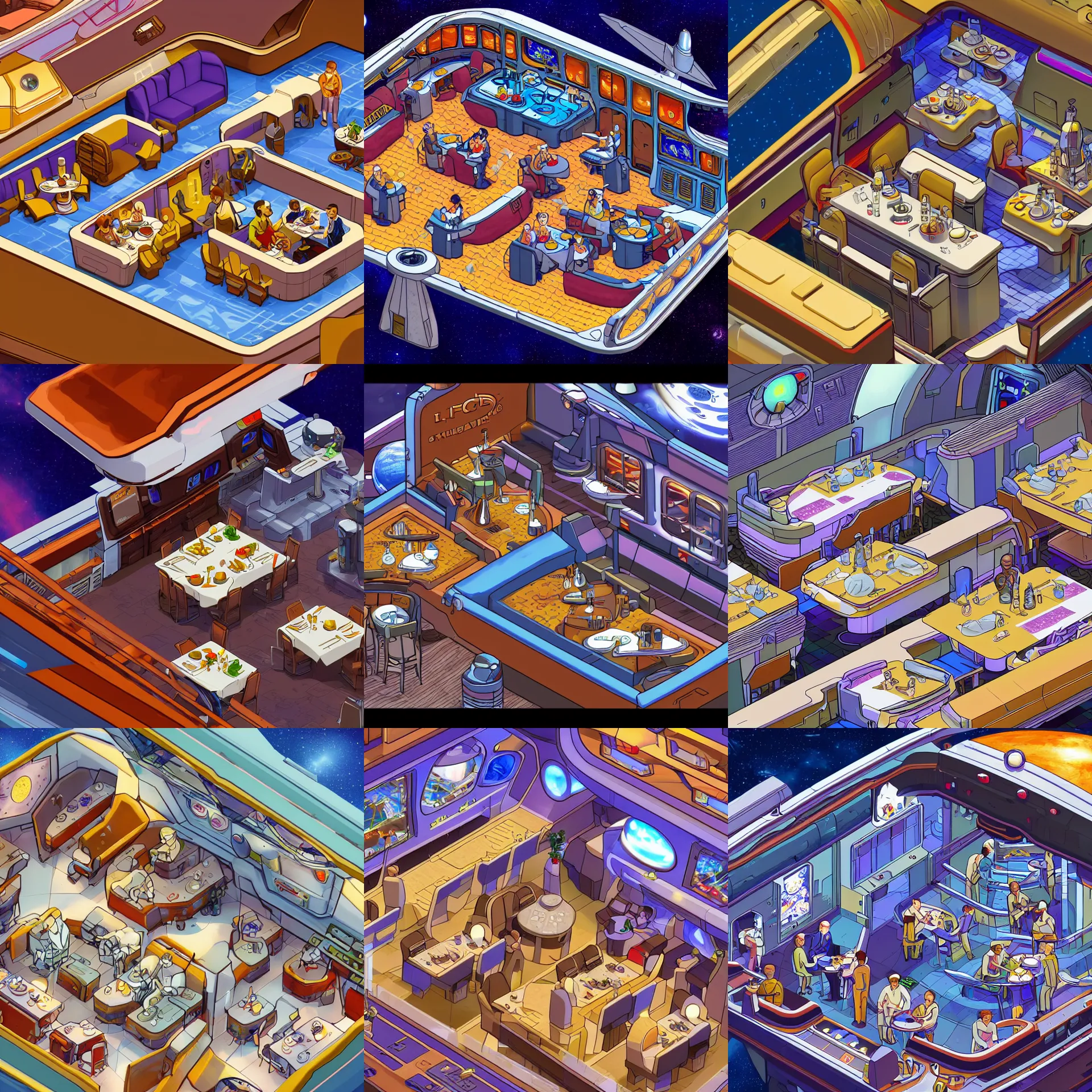 Prompt: close up isometric view of the crew's restaurant onboard a spaceship, from a space themed lucasarts point and click 2 d graphic adventure game, art inspired by thomas kinkade