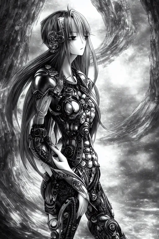 Image similar to a vertical portrait of a character in a scenic environment by Yoshitaka Amano, black and white, dreamy, cybernetic armor, wavy long black hair, highly detailed