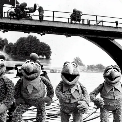 Prompt: old photo of muppets fighting on a bridge in world war 2