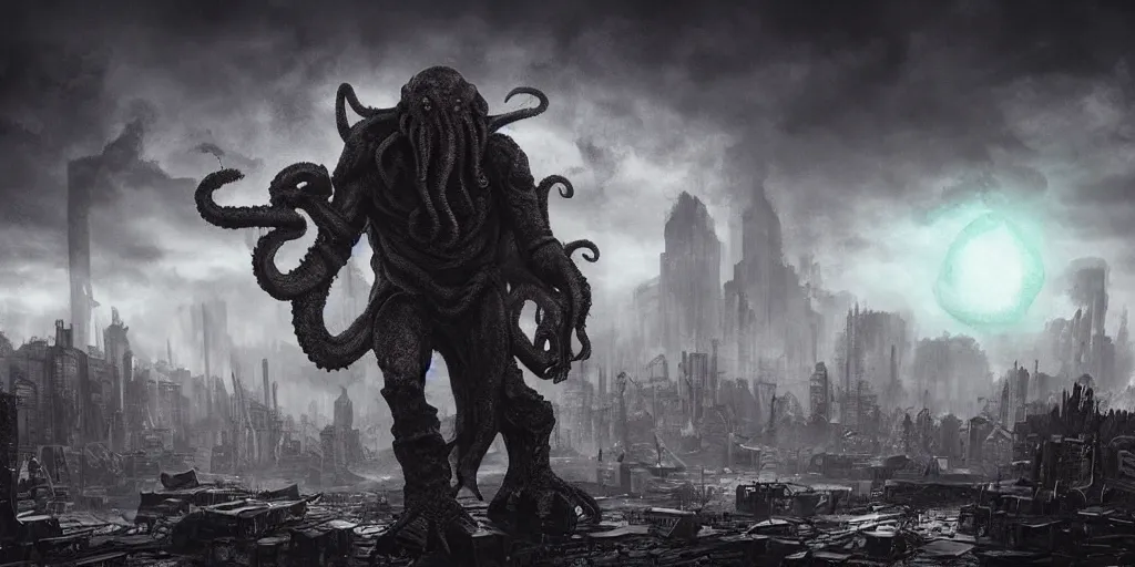 Image similar to cthulhu destroying a post apocalyptic city, dark, trending on artstation, digital art, fog, sun flare