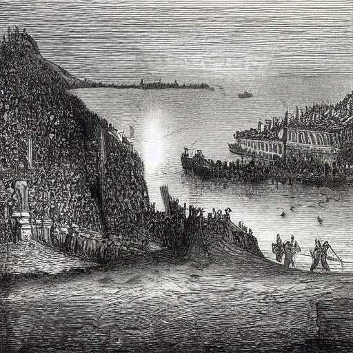 Prompt: Drawing of the Rhein 1523, illustration by Gustave Doré