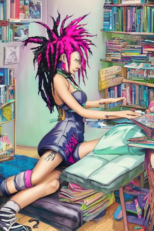 Image similar to concept art painting of an anime cybergoth girl with pink dreads on the floor reading a book in a cluttered 9 0 s bedroom, artgerm, jamie hewlett, toon shading, cel shading, calm, tranquil, vaporwave colors, rendered by substance designer, lifelike,