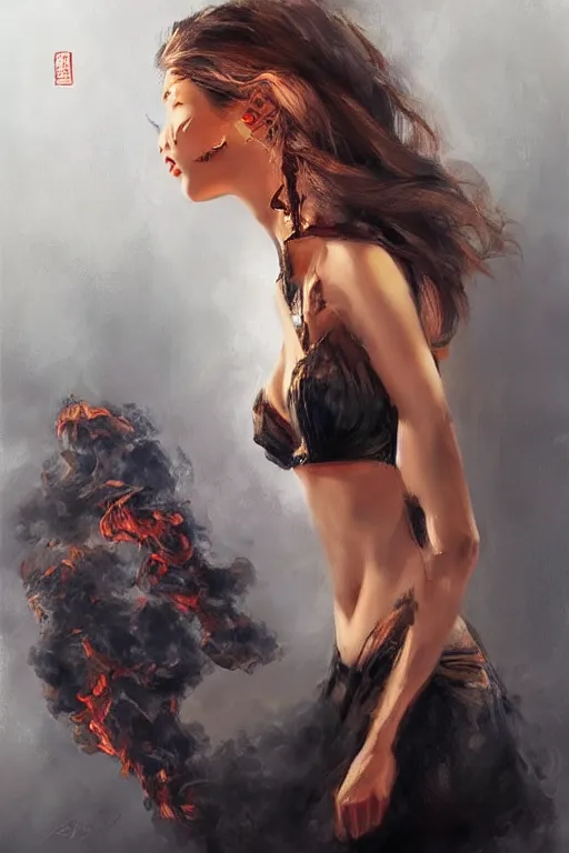 Image similar to a portrait of a beautiful woman with smoke and fire coming out of her eyes, artwork by Stanley Artgerm Lau, a masterpiece