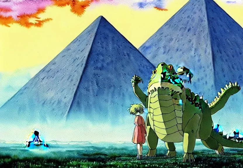 Image similar to a hyperrealist watercolor concept art from a studio ghibli film showing a giant mechanized crocodile from howl's moving castle ( 2 0 0 4 ). a pyramid is under construction in the background, in the rainforest on a misty and starry night. a ufo is in the sky. by studio ghibli