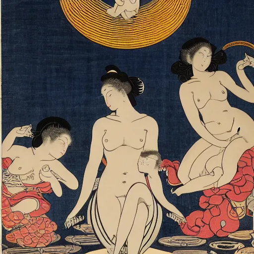 Image similar to The body art shows Venus seated on a crescent moon. She is surrounded by the goddesses Ceres and Bacchus, who are both holding cornucopias. Twitter, Corinthian architecture by Katsushika Hokusai, by Fernand Toussaint energetic, relaxed