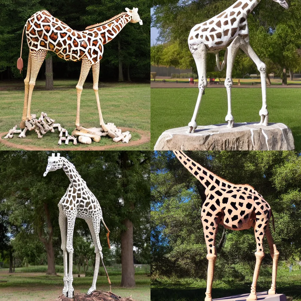 Prompt: Giraffe sculpture made out of human bones artpiece 4k