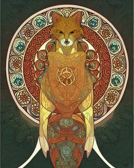 Prompt: fox carving art, cell shading, voronoi,fibonacci sequence, sacred geometry by Alphonse Mucha, Moebius, hiroshi yoshida, Art Nouveau, colorful, ultradetailed, 2 vivid colour, 3d