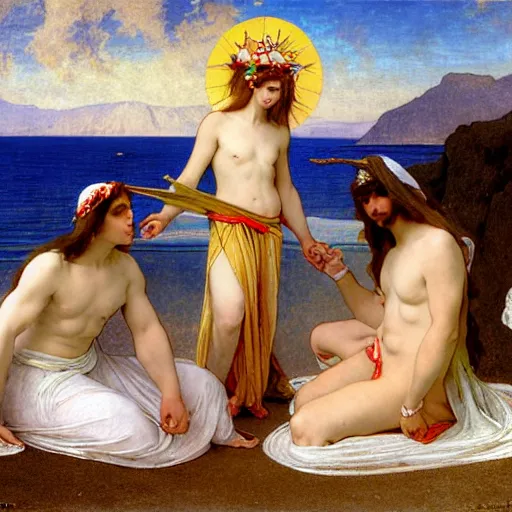 Prompt: Angels with jester hats and clothes forming a circle on the front of Greek archi with a beach and a sail boat on the background, major arcana cards, by paul delaroche, alphonse mucha and arnold böcklin arnold böcklin hyperrealistic 8k, very detailed