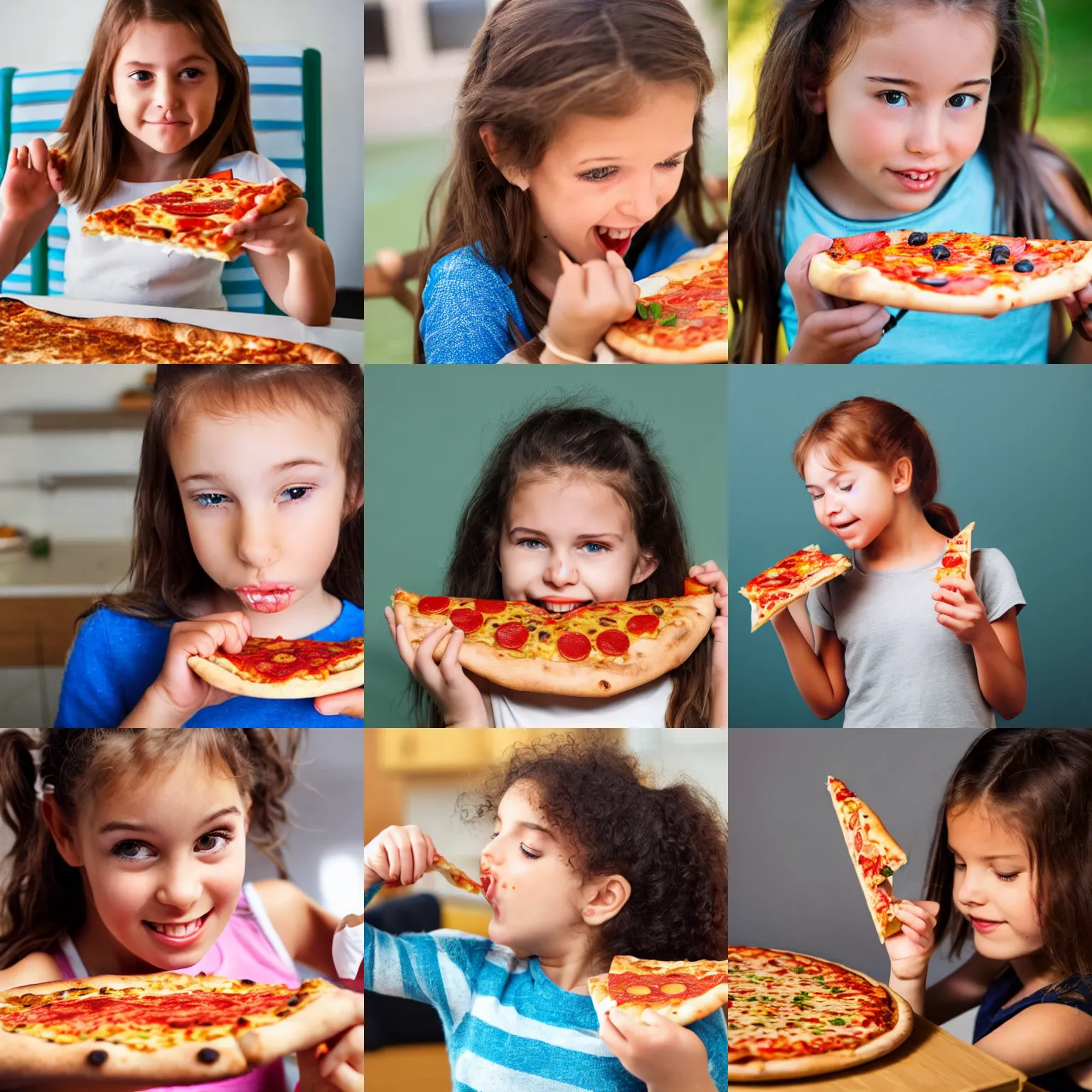 Prompt: a young girl eating a very tasty looking slice of pizza