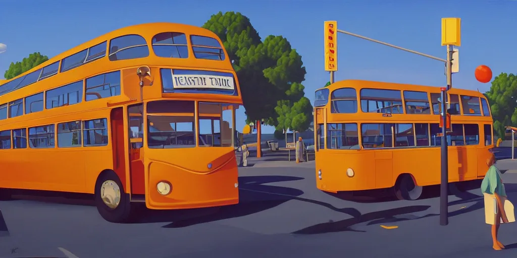 Prompt: a gigantic crab attacks a bus, blue sky, summer evening, kenton nelson