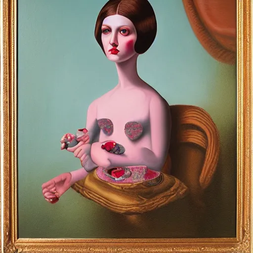 Prompt: A Mark Ryden painting of a woman