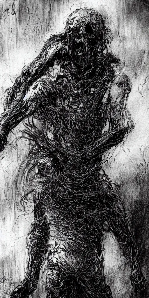 Image similar to concept art of a man with his body covered in burns, with black smoke coming out of his hands, full body, dark colors, sinister atmosphere, dramatic lighting, cinematic, establishing shot, extremely high detail, photo realistic, cinematic lighting, pen and ink, intricate line drawings, by Yoshitaka Amano, Ruan Jia, Kentaro Miura, Artgerm, post processed, concept art, artstation, matte painting, style by eddie mendoza, raphael lacoste, alex ross,