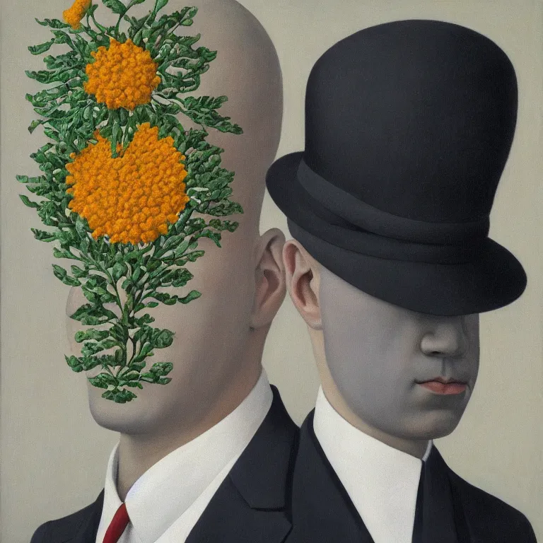 Image similar to portrait of man in a suit, his head is flowers, by rene magritte, detailed painting, hd, hq, high resolution, high detail, 4 k, 8 k