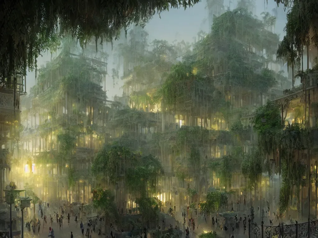 Image similar to the antique green city of babylon with its wonderful hanging gardens at dawn, intricate, elegant, volumetric lighting, digital painting, highly detailed, artstation, sharp focus, illustration, concept art, ruan jia, steve mccurry