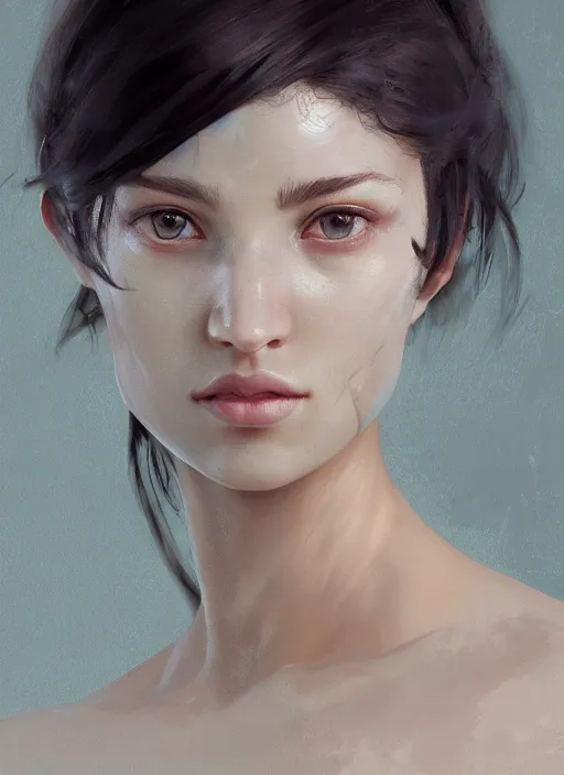 Image similar to a professional painting of a beautiful young female, clothed in military armor, olive skin, long dark hair, beautiful bone structure, symmetrical facial features, intricate, elegant, digital painting, concept art, smooth, sharp focus, illustration, from Metal Gear, by Ruan Jia and Mandy Jurgens and Artgerm and William-Adolphe Bouguerea