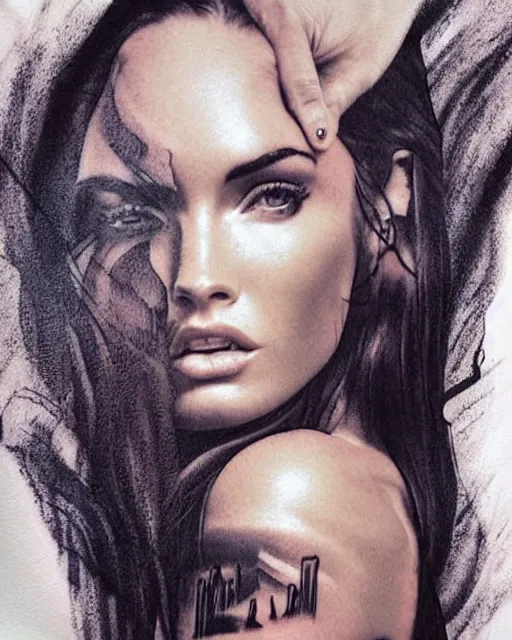 Prompt: double exposure effect tattoo design sketch of megan fox with beautiful mountains, realism tattoo, in the style of den yakovlev, amazing detail, sharp