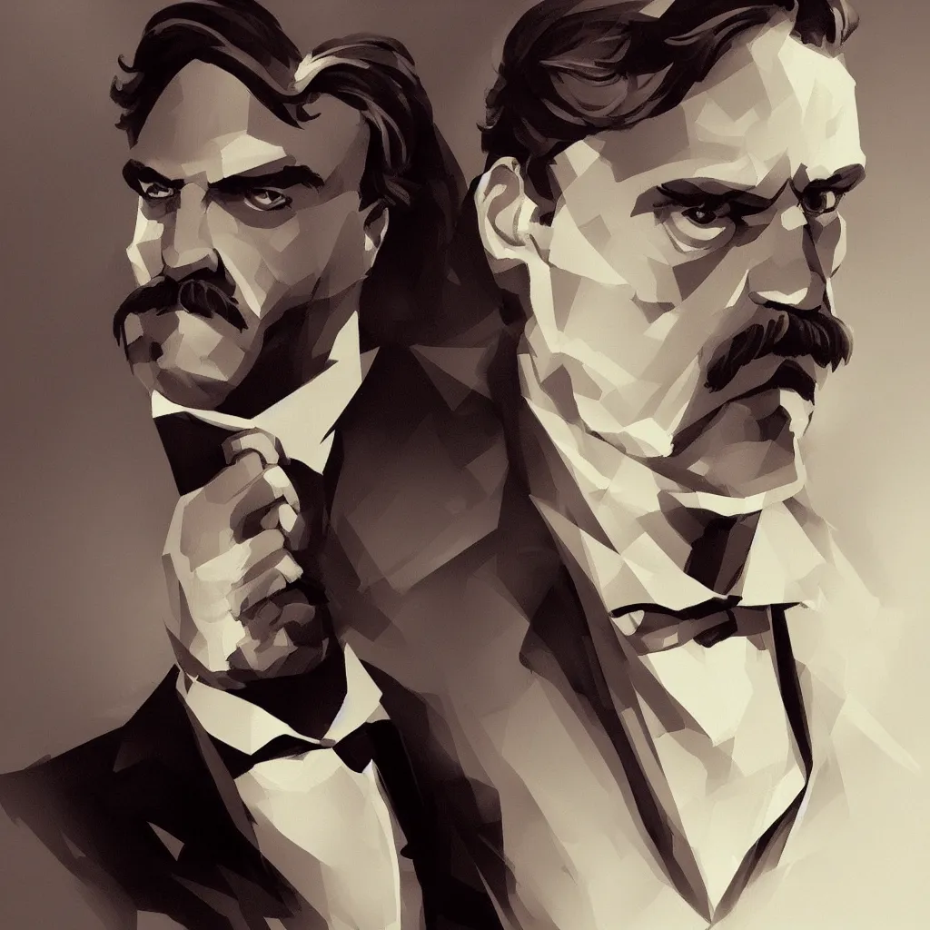 Image similar to Portrait of Friedrich Nietzsche in his Suit with a chiseled Jawline and serious Look, in the Style of Artgerm and Charlie Bowater and Mike Mignola, rim light, moody colors, hard shadows, colorful, plain background, trending on artstation