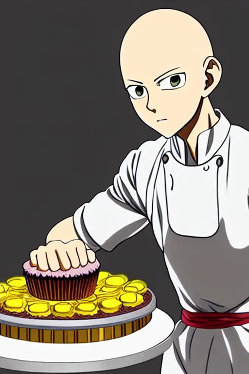 Image similar to chef saitama one punch man, dressed as a pastry chef, making a cake, detailed anime artwork