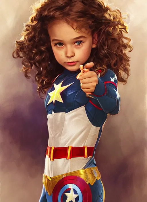 Prompt: a little girl with a mischievous face and light brown curly wavy hair. she is dressed as captain america, spiderman, batman, the flash, captain marvel, wonder woman, a superhero. clean elegant painting, beautiful detailed face. by artgerm and greg rutkowski and alphonse mucha