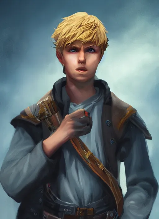 Prompt: An epic fantasy comic book style portrait painting of a young dirty blonde boy thief in the style of the wheel of time, unreal 5, DAZ, hyperrealistic, octane render, cosplay, RPG portrait, dynamic lighting