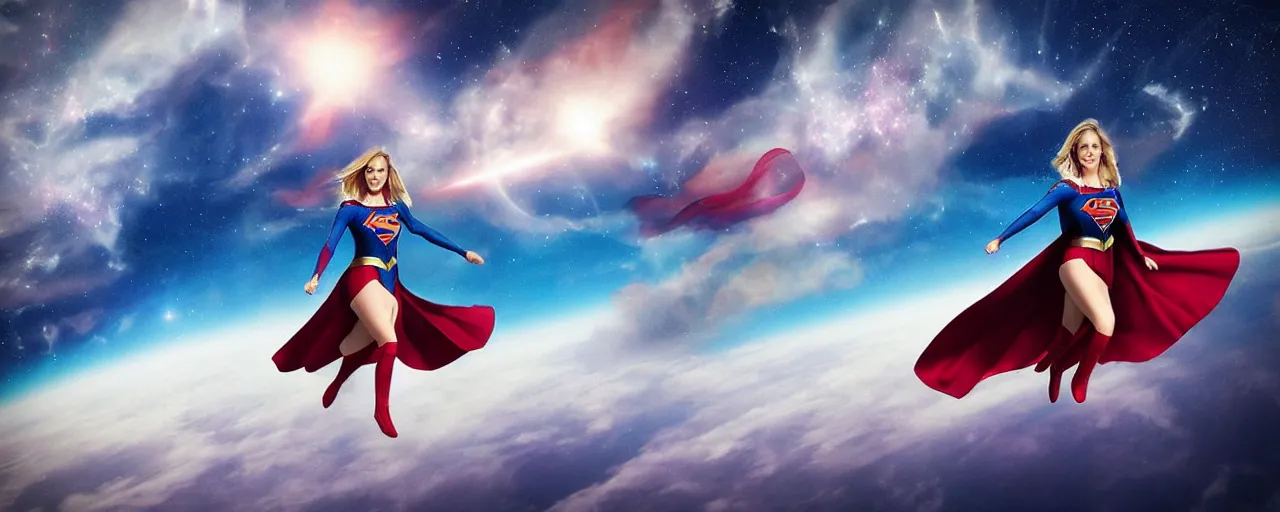 Prompt: a far off shot of supergirl flying amongst the clouds on the edge of space and stars artgerm