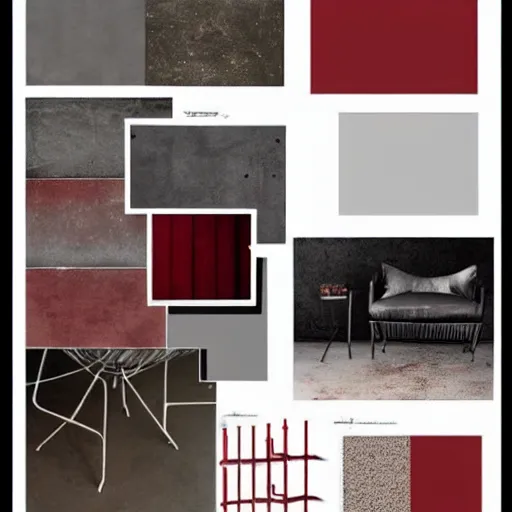 Prompt: material mood board combining concrete, red painted metal, aged oak, plants, dark grey carpet, collage, architectural finishes, pinterest, trendy, expressive, warm, eye catching, interior design, industrial design, samples, paint, carpet, wood, plants