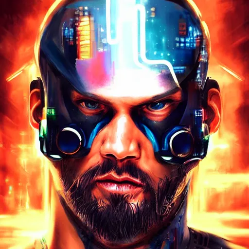 Prompt: a cyberpunk painting of Jason Mamoa as a cyborg by Ross Tran, digital art