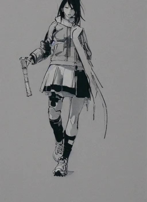 Prompt: a yoji shinkawa full body sketch of ninja tennis player girl holding a sword wearing a puffy anorak, short white skirt and yeezy 5 0 0 sneakers