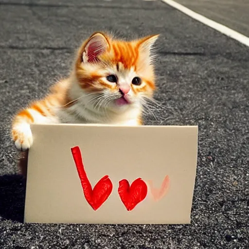 Image similar to cute fluffy orange tabby kitten with a sign that says