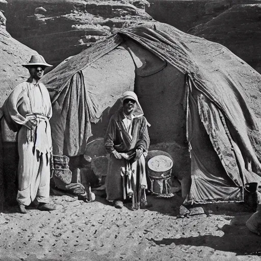 Image similar to ultra detailed photorealistic sepia - toned photo from 1 9 1 7, three clean - shaven british soldiers standing with two bedouin traders in traditional arab garb, at an archaeological dig site in wadi rum, ultra realistic, painted, intricate details, lovecraft, atmospheric, dark, horror, brooding, highly detailed, by clyde caldwell