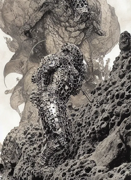 Image similar to metal armoured beast in cave, lava flows, fire, dynamic action, by lawrence alma - tadema and zdzislaw beksinski and norman rockwell and jack kirby and tom lovell and greg staples