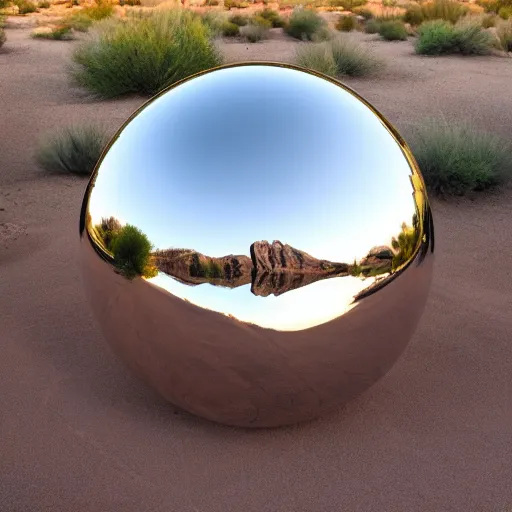 Image similar to a large metallic ball with a mirror finish sits in the arizona desert