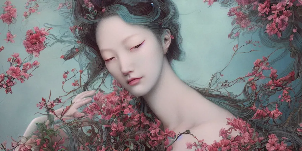 Image similar to breathtaking detailed concept art painting blend of two redhair goddess of light blue flowers by hsiao - ron cheng with anxious piercing eyes, vintage illustration pattern with bizarre compositions blend of flowers and fruits and birds by beto val and john james audubon, exquisite detail, extremely moody lighting, 8 k