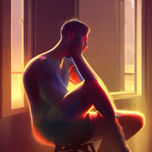 Image similar to half - car - man sitting in a chair in his living room with sunlight pouring in through a window, portrait, fantasy, beautiful face, vivid colors, elegant, concept art, sharp focus, digital art, hyper - realistic, 4 k, unreal engine, highly detailed, hd, dramatic lighting by brom, trending on artstation