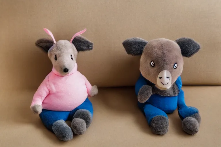 Image similar to a high quality 3 5 mm photo of a pink chubby stuffed animal kangaroo with dark blue shirt sitting on a couch, an ultrafine detailed photo, trending on artstation, sharp focus, baby toy