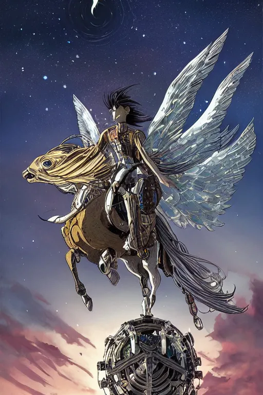 Prompt: a mechanical horse with wings flying across glimmering stairways to otherworldly galaxies, high intricate details, rule of thirds, golden ratio, cinematic light, anime style, graphic novel by fiona staples and dustin nguyen, by beaststars and orange, peter elson, alan bean, studio ghibli, makoto shinkai