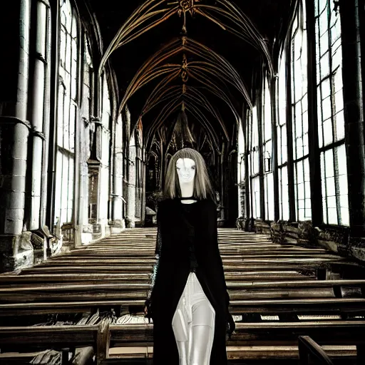 Image similar to a gothic woman in a necro giger church, professional photo shoot photography