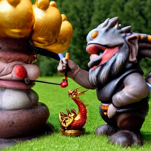 Image similar to dragon that is taming a gnome, gnome is being tamed by a dragon