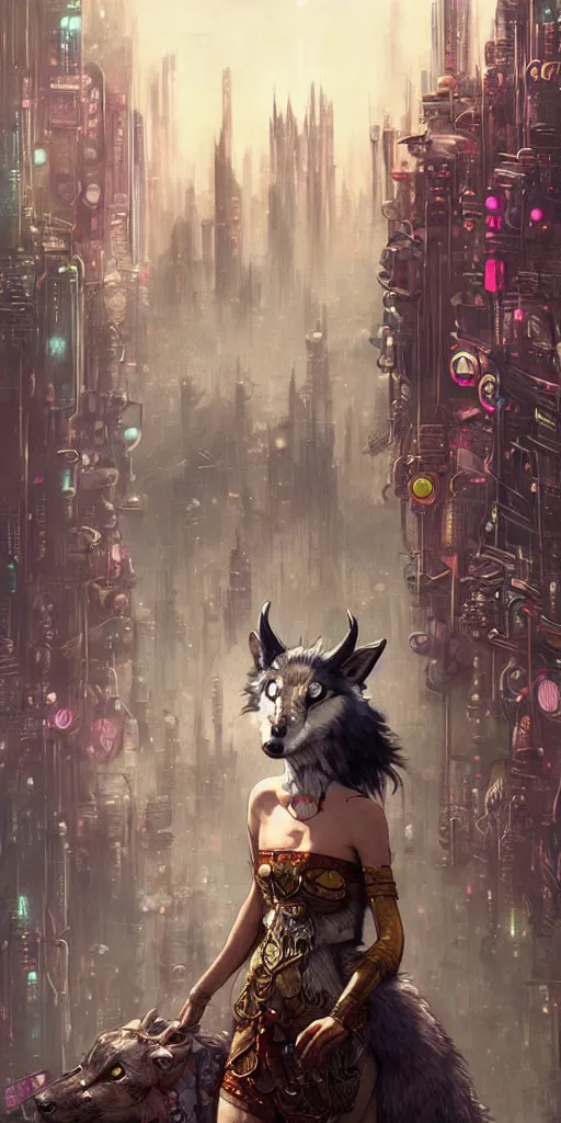 Image similar to hyper realistic Princess Mononoke in her mask, busy cyberpunk metropolis, city landscape, wolves, magic, castle, jewels, style of tom bagshaw, mucha, james gurney, norman rockwell, gems and gold, waterfalls, denoised, sharp