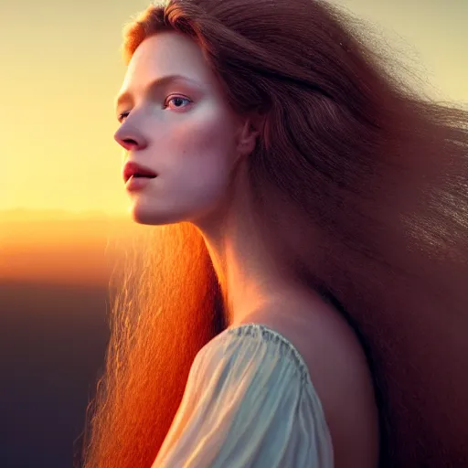Image similar to photographic portrait of a stunningly beautiful renaissance female surrounded by flowing hair, in soft dreamy light at sunset, contemporary fashion shoot, by edward robert hughes, annie leibovitz and steve mccurry, david lazar, jimmy nelsson, breathtaking, 8 k resolution, extremely detailed, beautiful, establishing shot, artistic, hyperrealistic, beautiful face, octane render